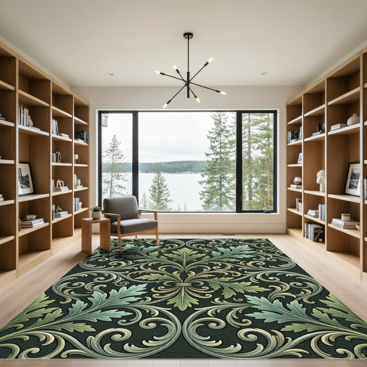 Verdant Green Leaf Scrollwork Damask Rug