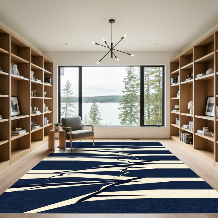 Deep Blue Cracked Cream Stripe Rug