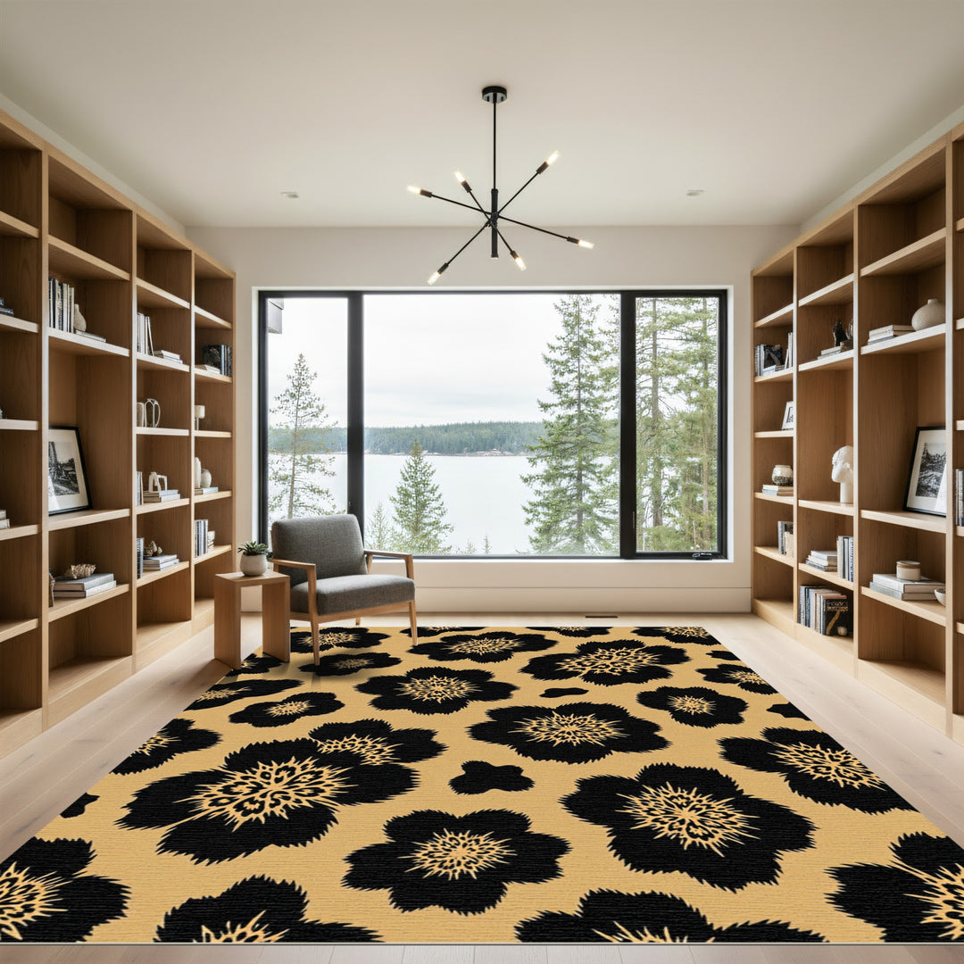 Exotic Black Leopard Floral Rug