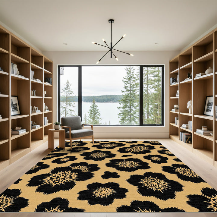 Exotic Black Leopard Floral Rug