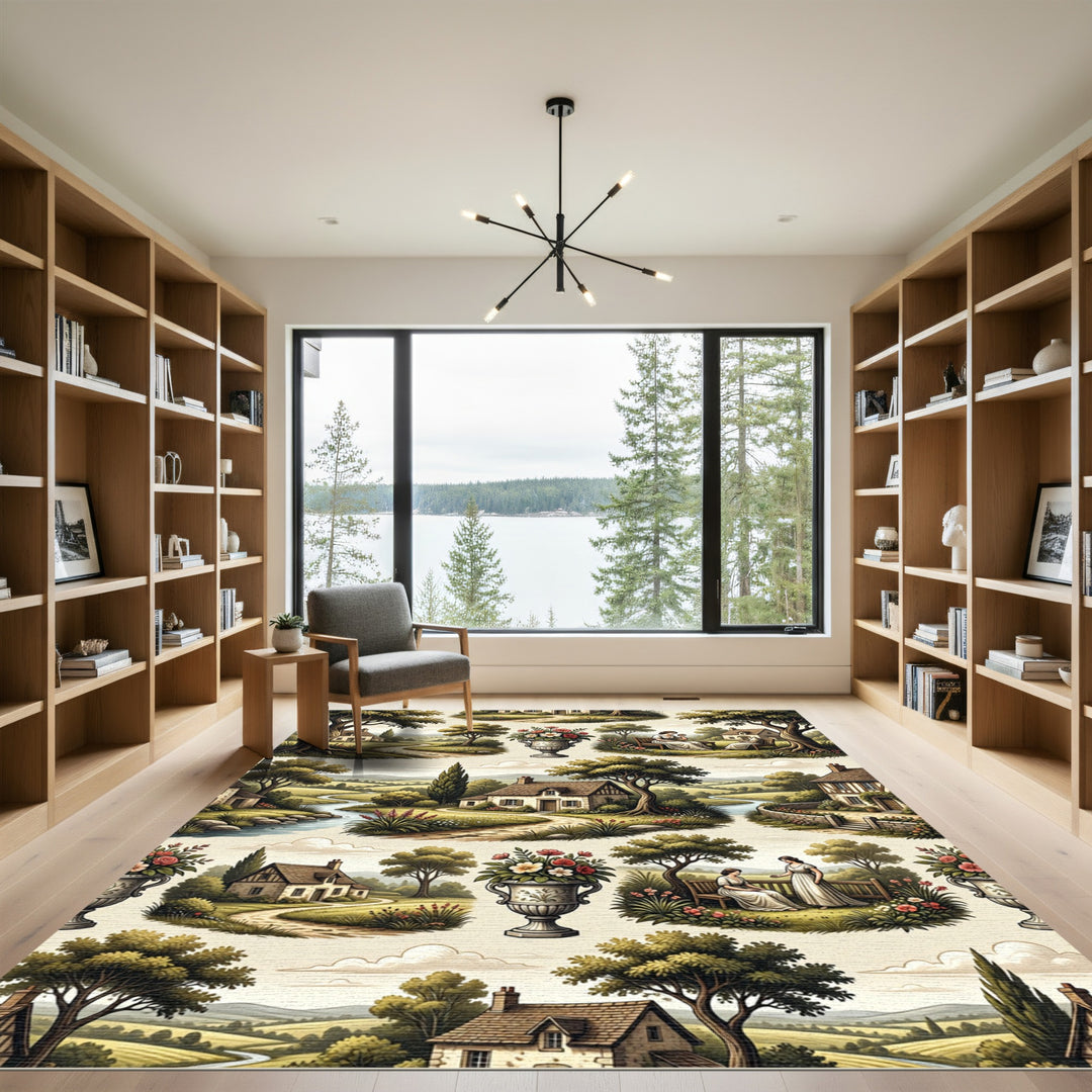 Pastoral Village Scene Floral Accent Rug