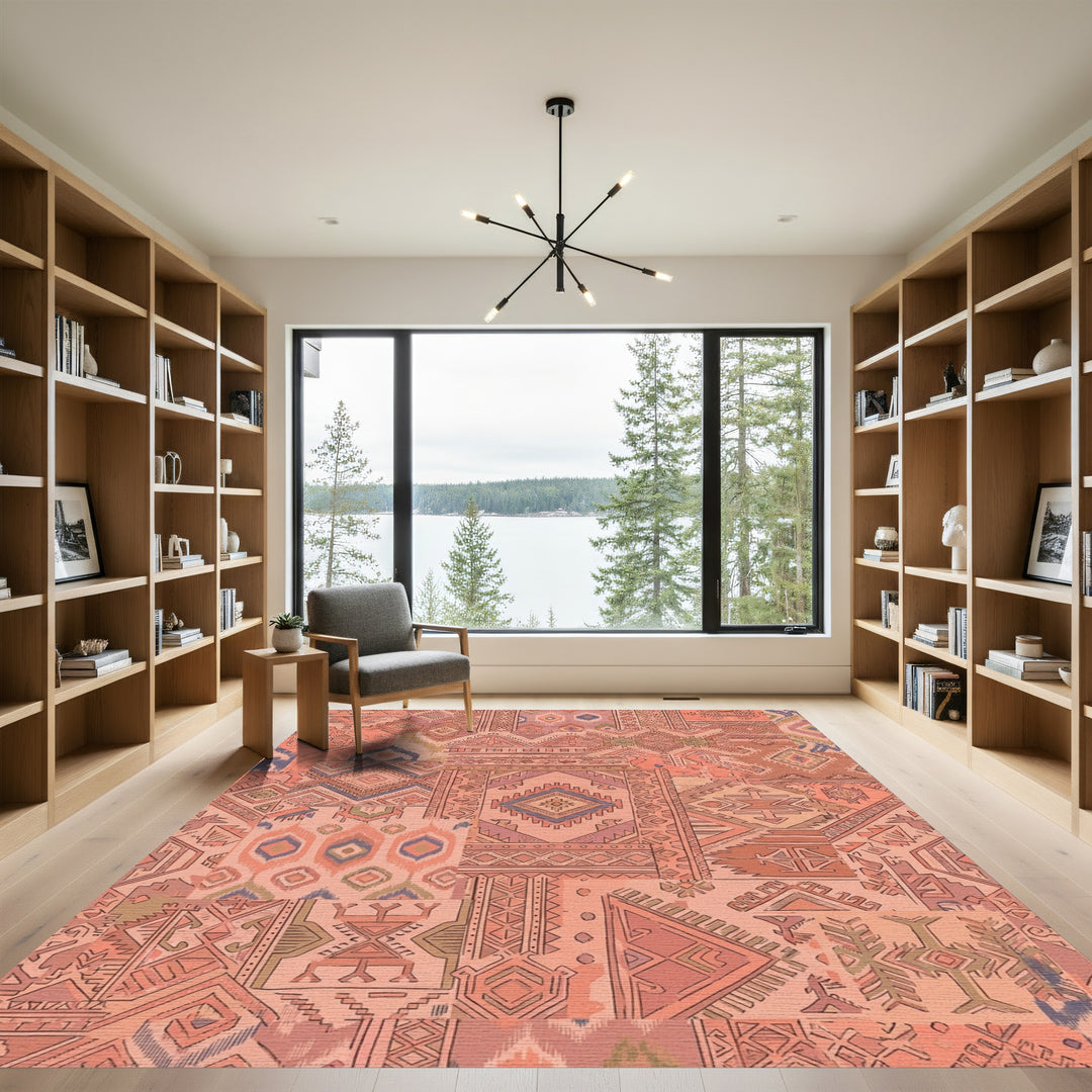 Peachy Coral Patchwork Geometric Medallion Rug