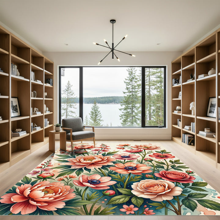 Coral Garden Floral Bloom Arrangement Rug