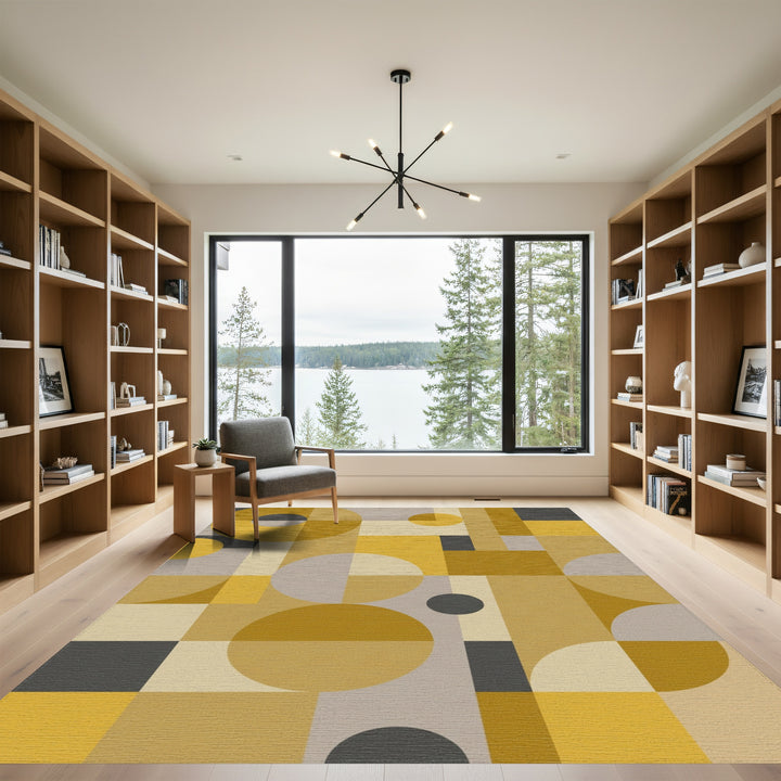 Mustard Yellow Geometric Circles Squares Rug