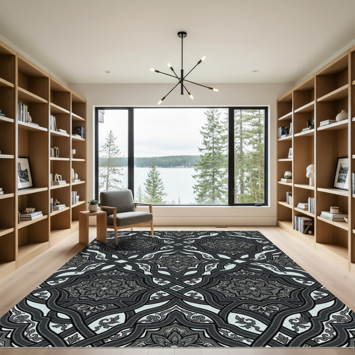 Ornate Dark Gray Interlocking Mandala Rug