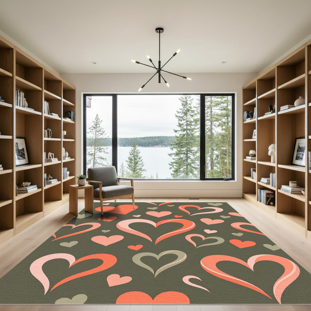 Coral And Gray Hearts Rug