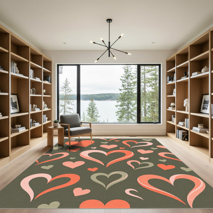 Coral And Gray Hearts Rug