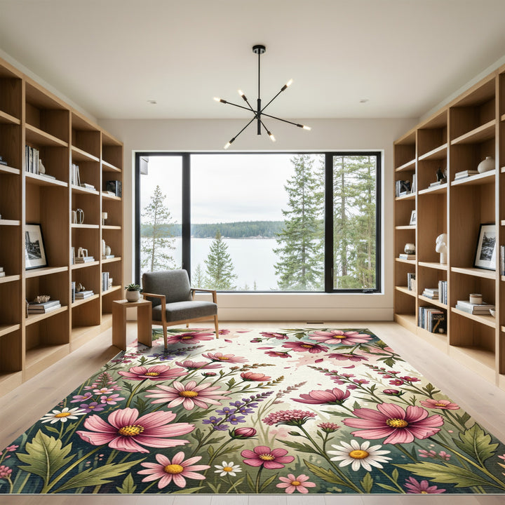 Vibrant Pink Cosmos Flower Garden Rug