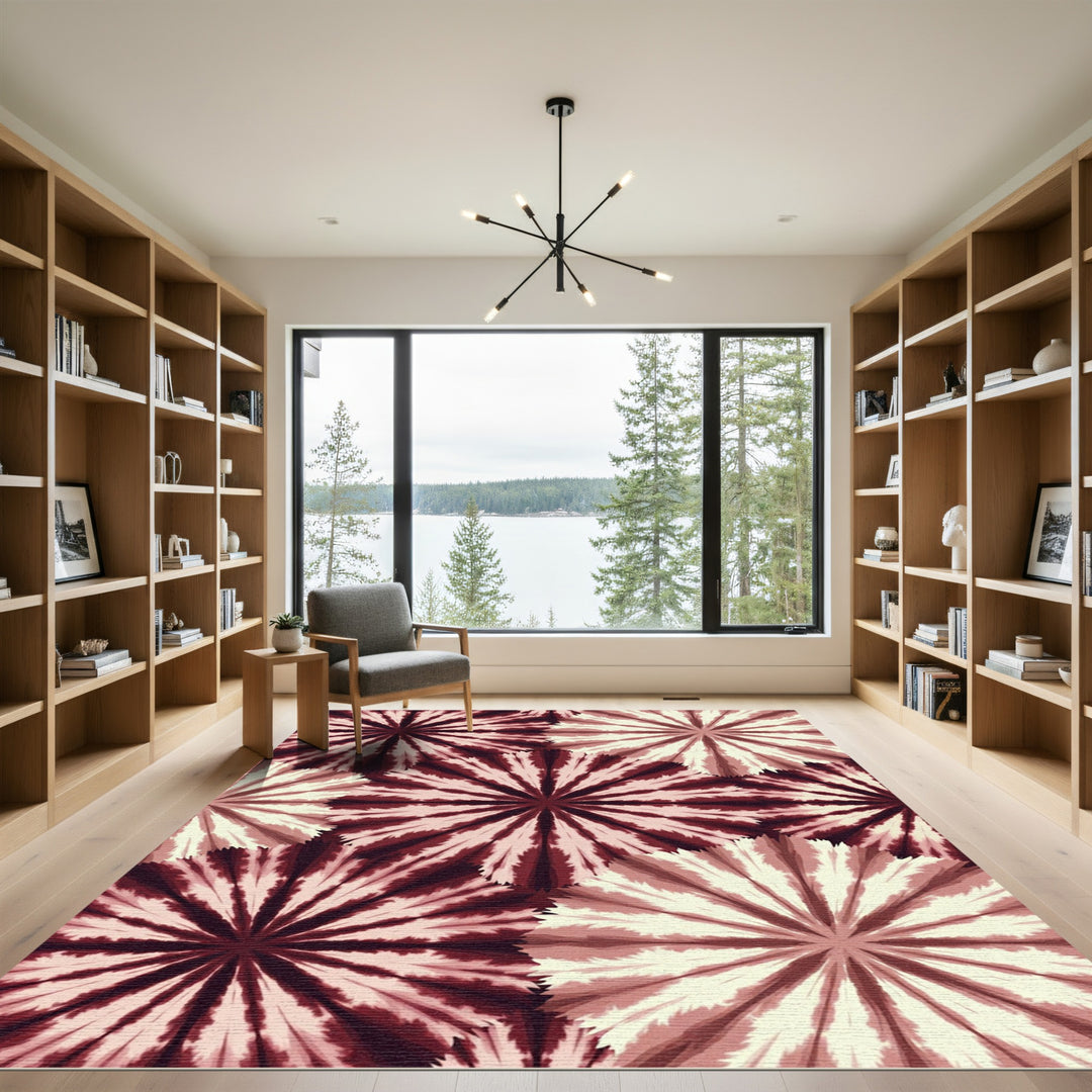 Crimson Beige Sunburst Radiating Rug