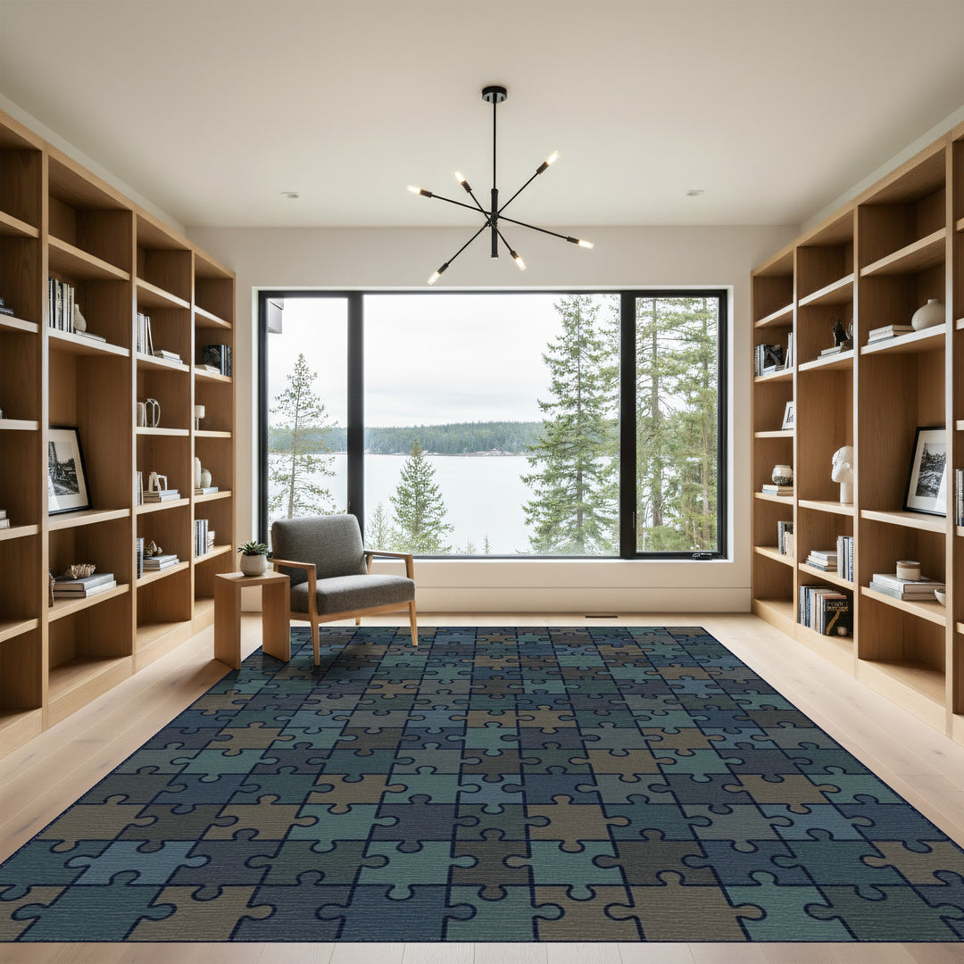 Earthy Blue Puzzle Pieces Rug