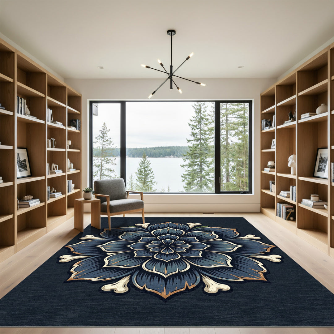 Dark Blue Floral Bone Mandala Rug