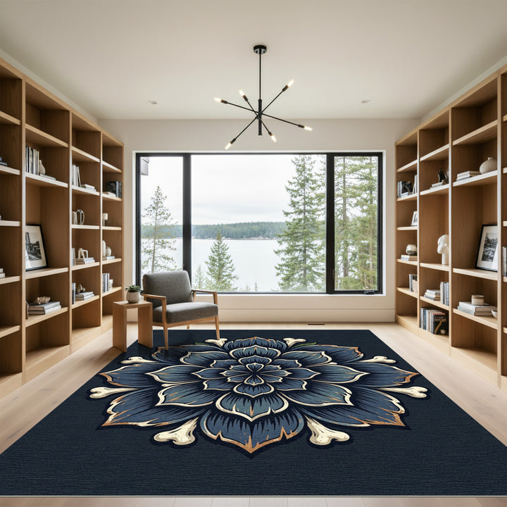 Dark Blue Floral Bone Mandala Rug