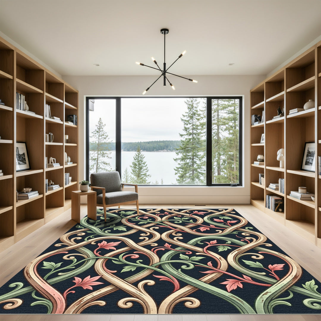 Intertwined Green Pink Floral Scroll Rug