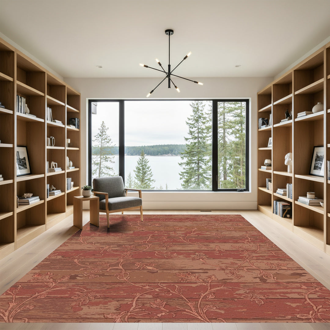 Rustic Floral Scroll Wood Grain Rug