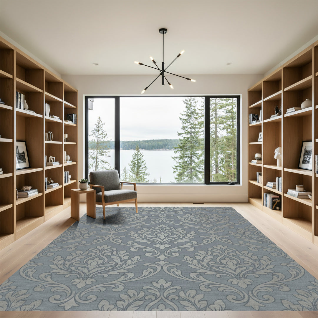 Gray Silver Damask Scroll Rug