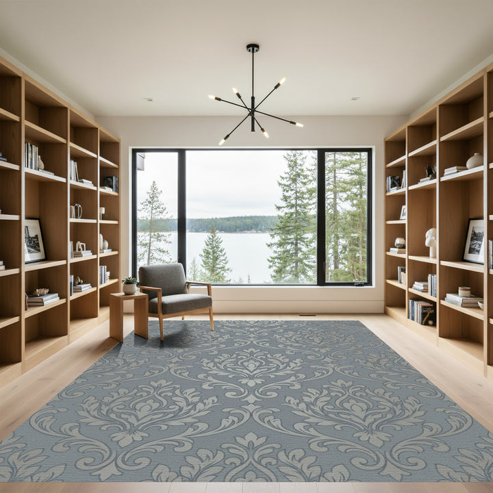 Gray Silver Damask Scroll Rug