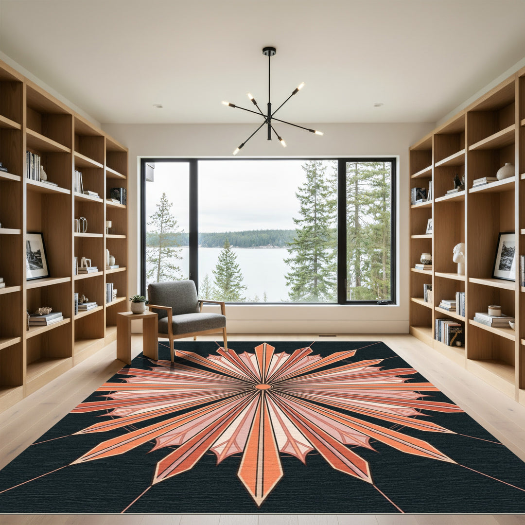 Coral Sunburst Geometric Rays Rug