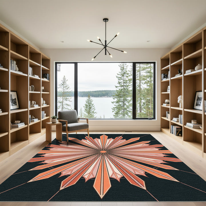 Coral Sunburst Geometric Rays Rug