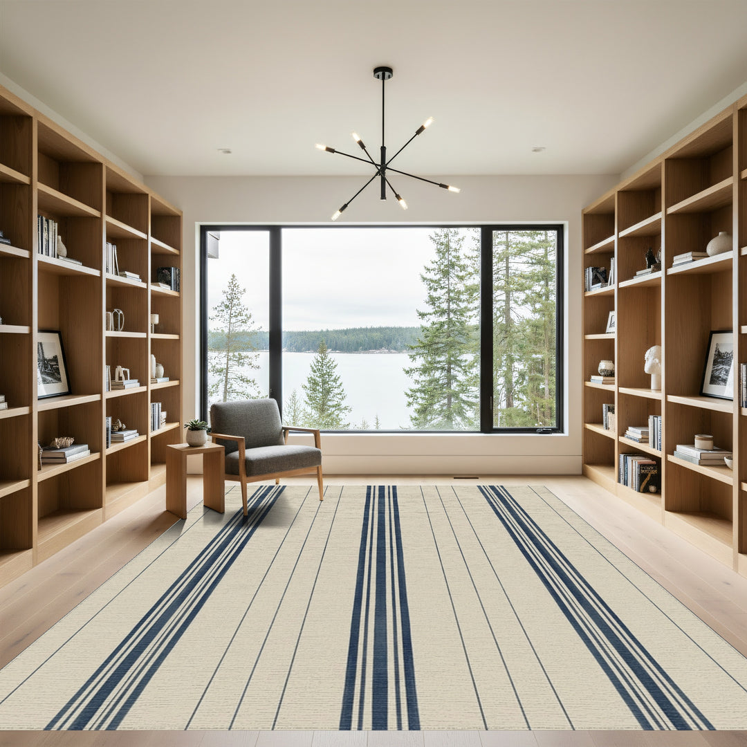 Classic Navy Blue Stripe Cream Rug