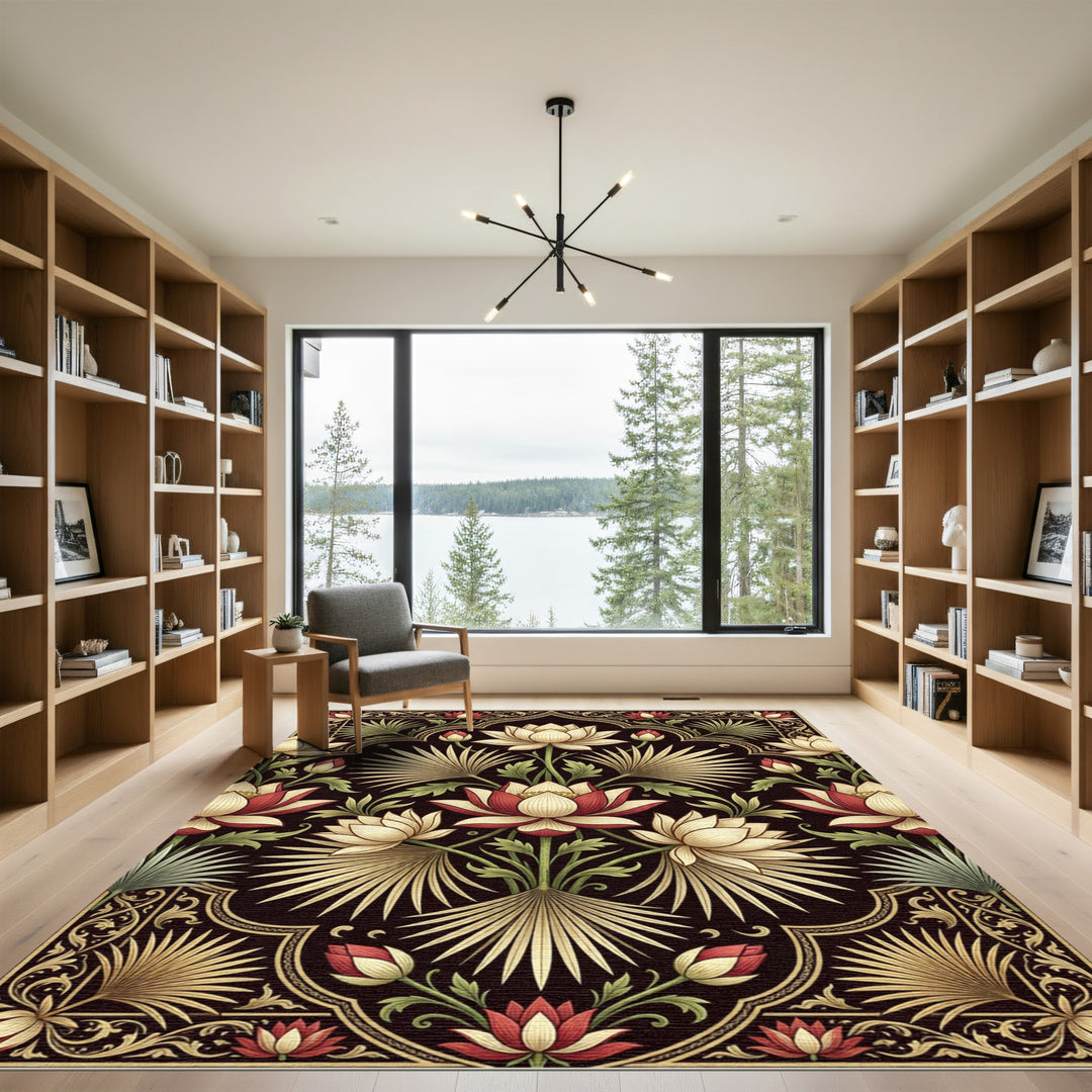 Rich Crimson Lotus Palm Art Nouveau Rug