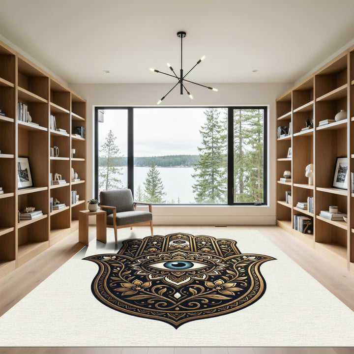 Ornate Gold Eye Hamsa Hand Rug
