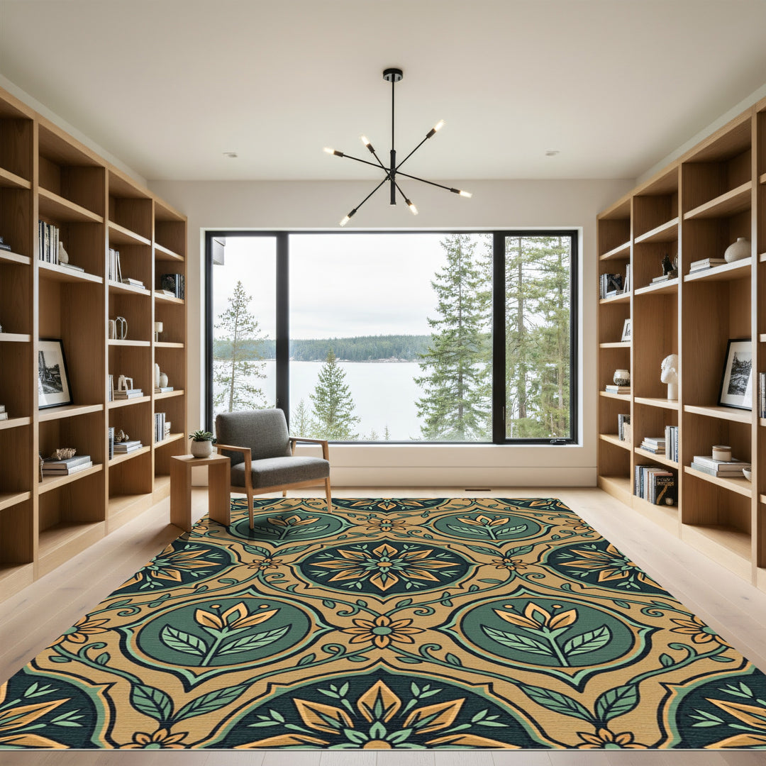 Art Nouveau Emerald Gold Floral Vine Rug