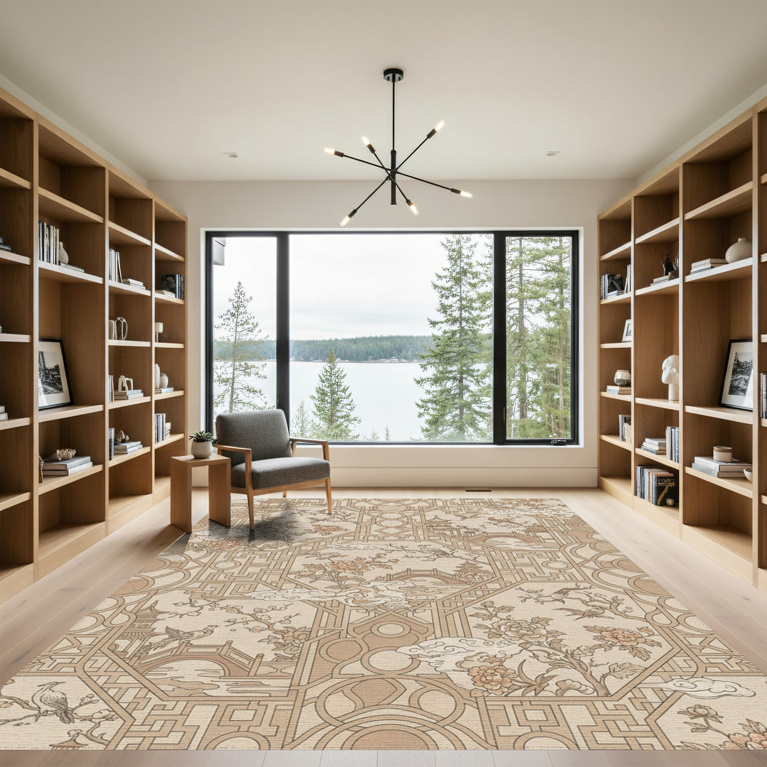 Geometric Pagoda Bird Blossom Scene Rug