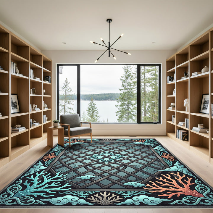 Aqua Coral Geometric Lattice Frame Rug