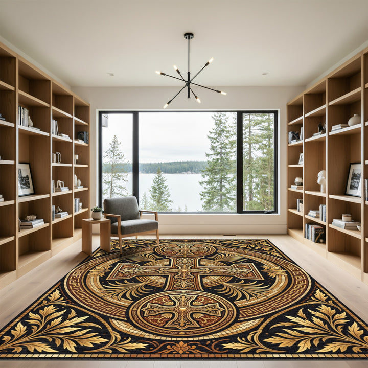 Ornate Gold Cross Scrollwork Rug