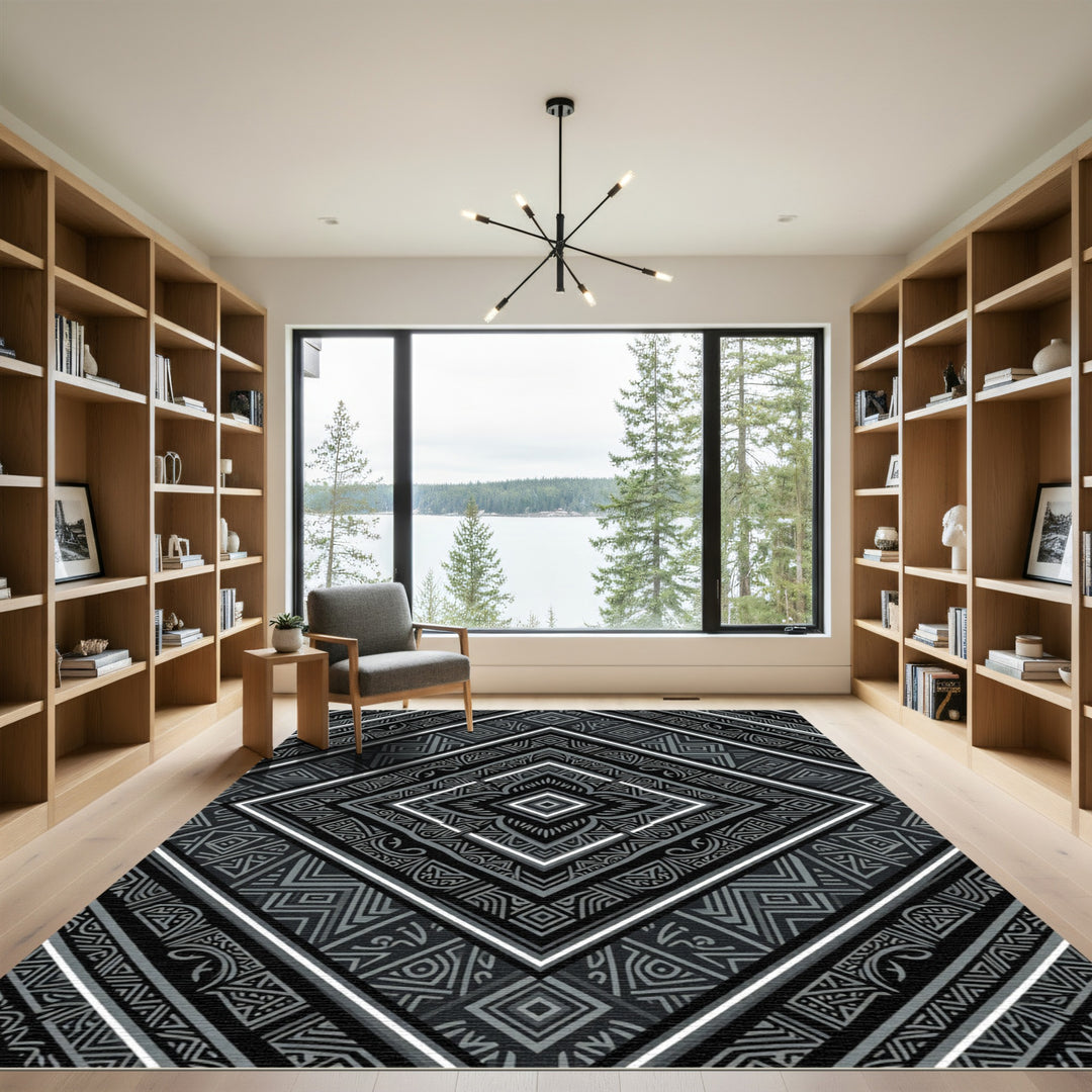 Bold Black Gray Geometric Diamond Rug