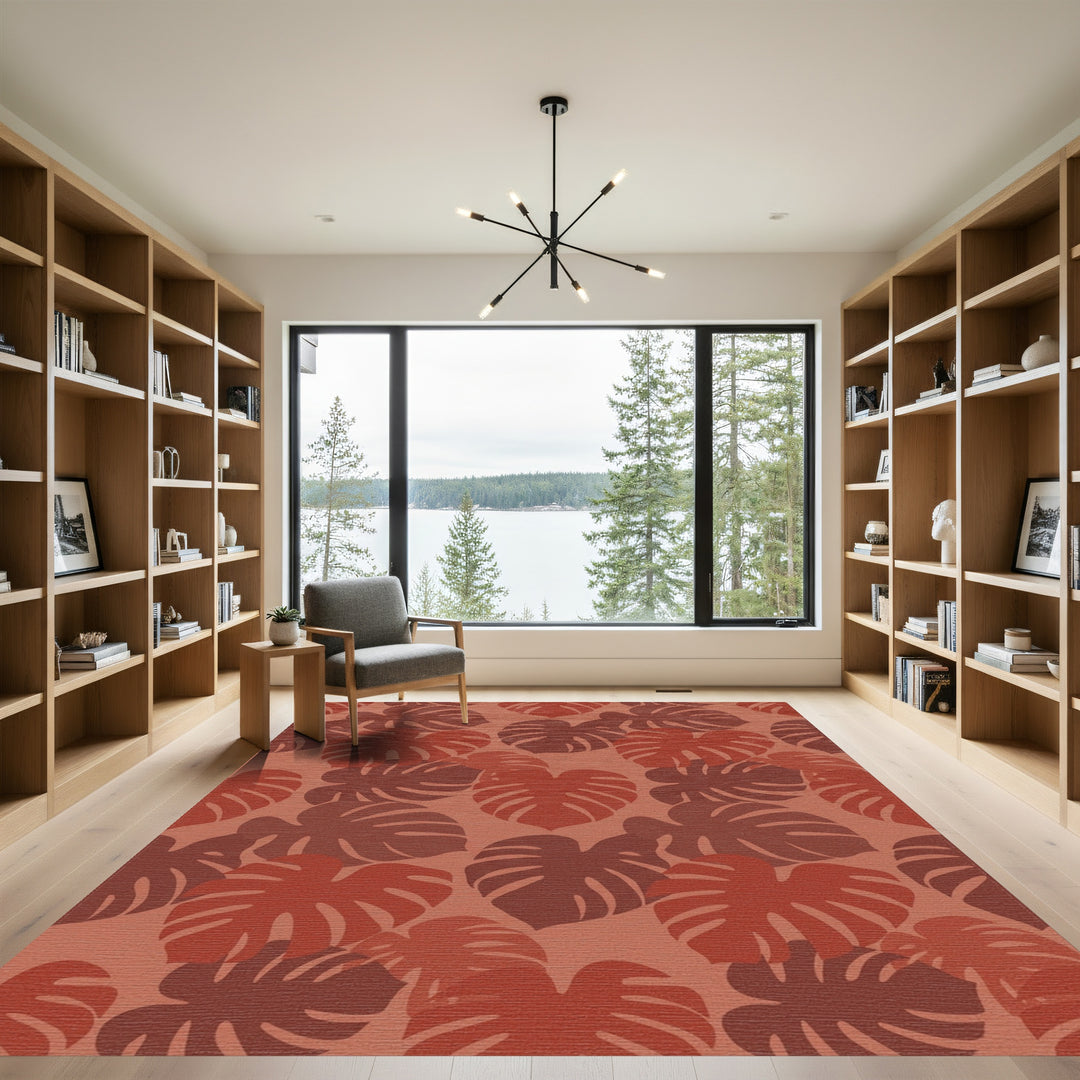Terracotta Tropical Monstera Leaves Rug