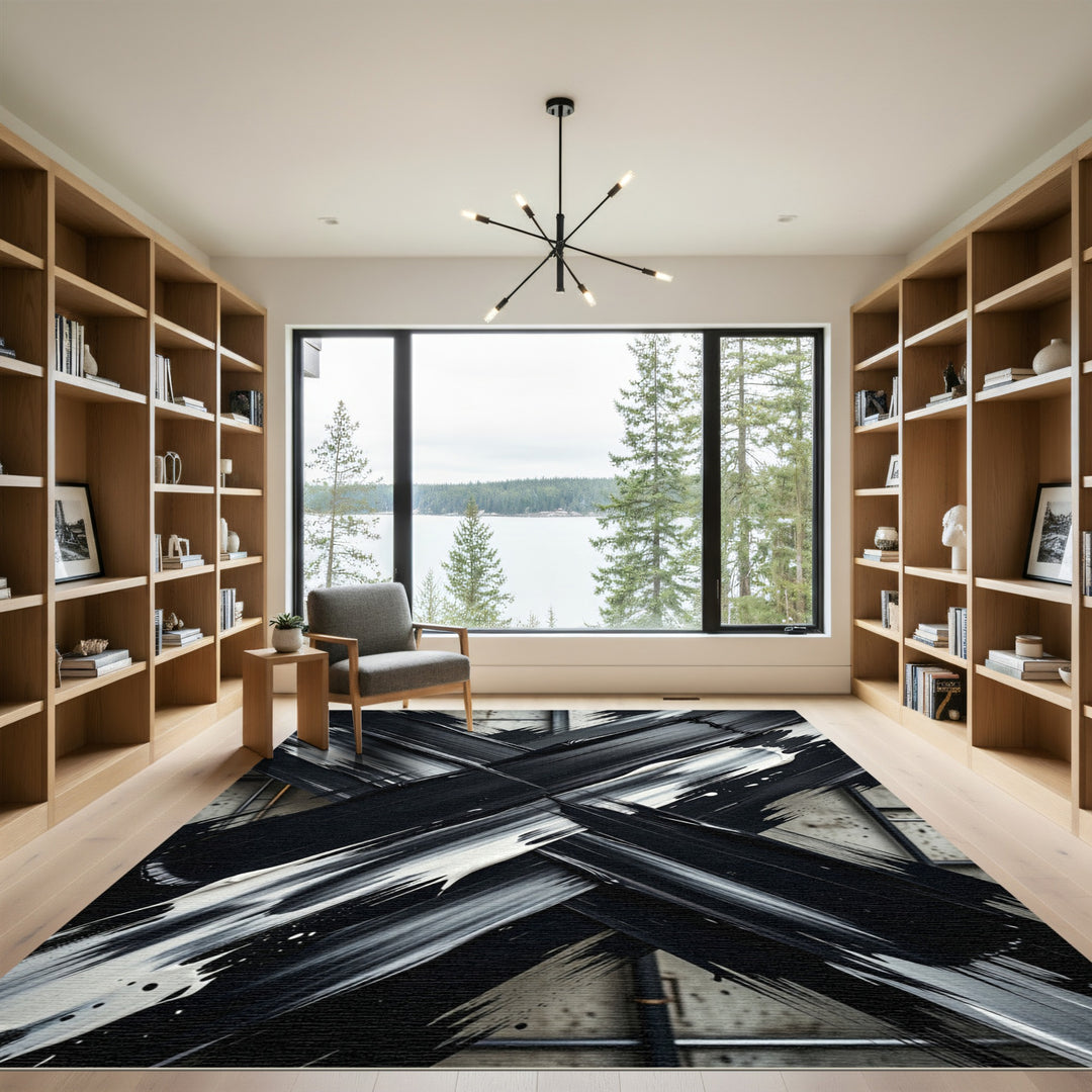 Bold Black Ink Cross Brushstrokes Rug