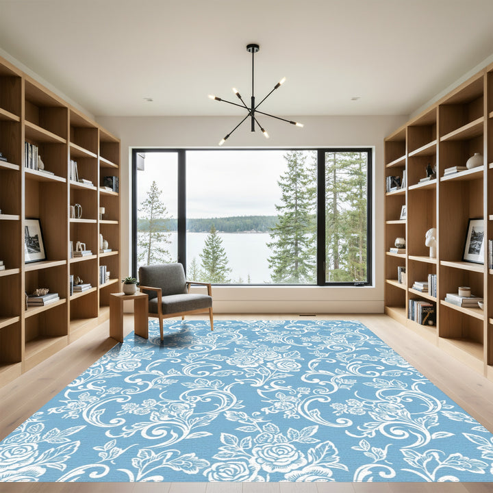 Powder Blue Rose Vine Scroll Rug