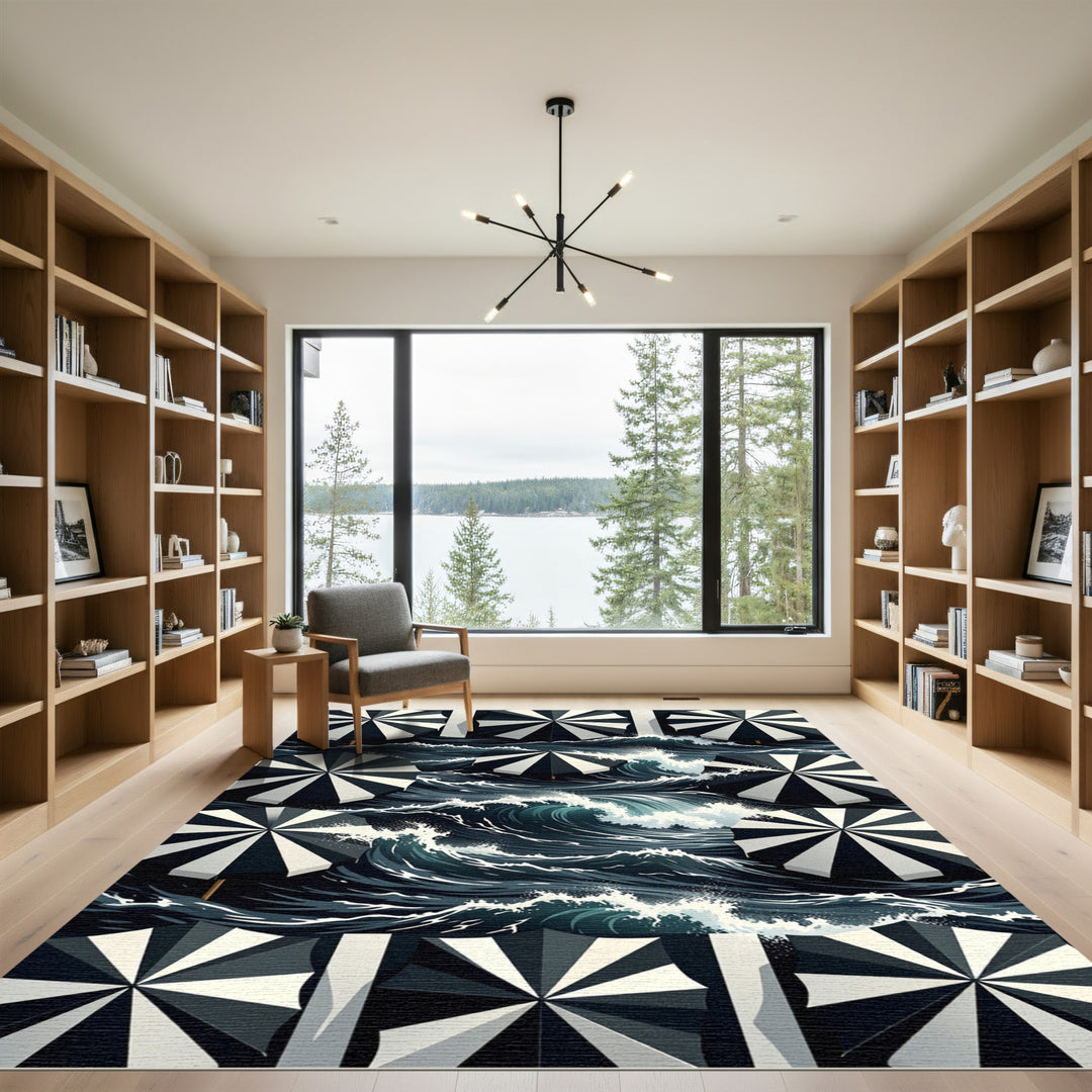 Black White Umbrella Waves Rug