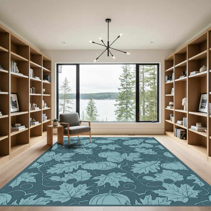 Autumn Pumpkin Leaf Swirl Teal Rug