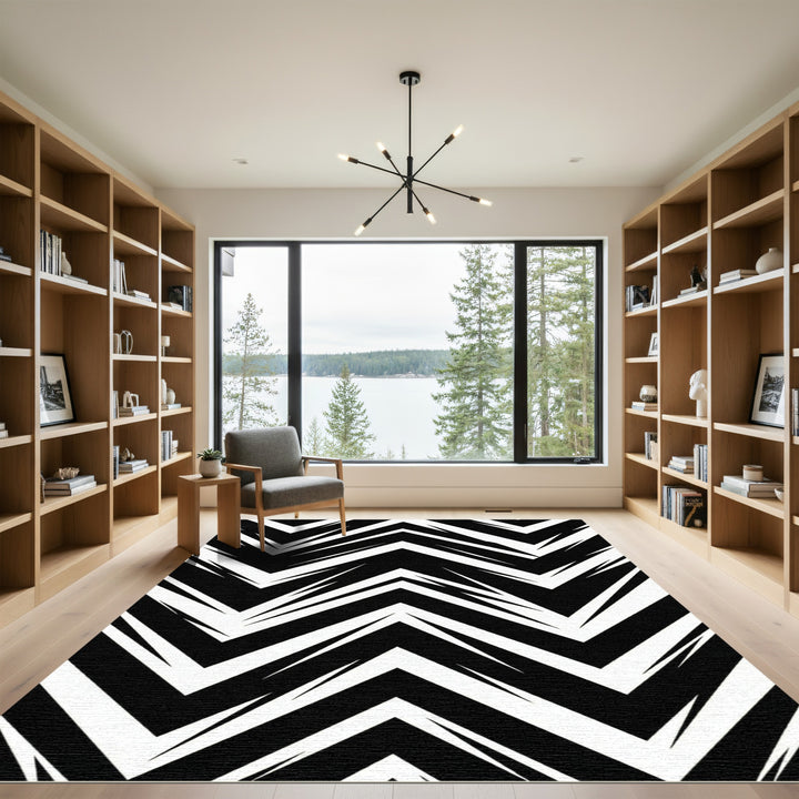 Bold Black White Geometric Zigzag Rug