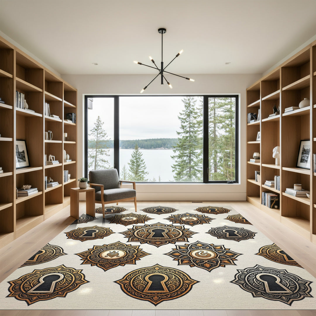 Ornate Golden Keyhole Medallion Rug