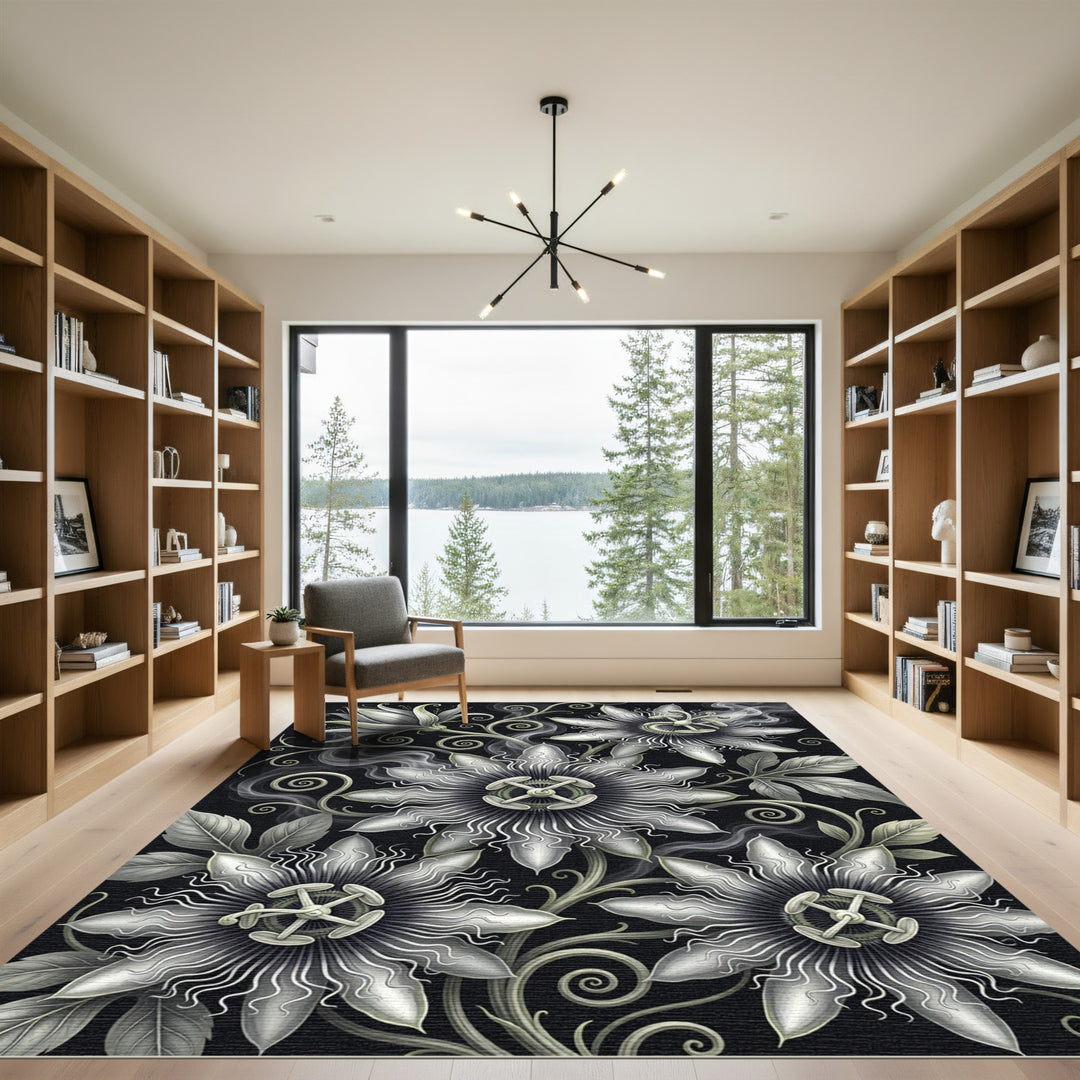 Ethereal White Passion Flower Swirl Rug