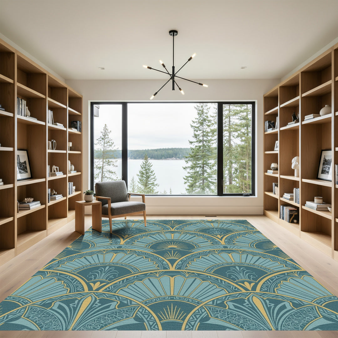 Art Deco Teal Gold Sunburst Rug