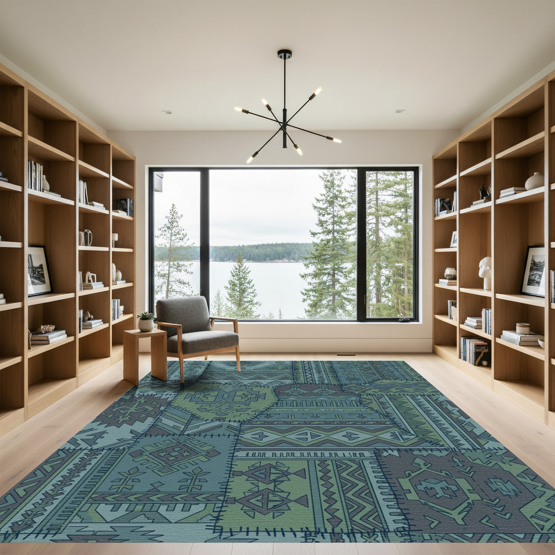 Patchwork Geometric Teal Ethnic Rug