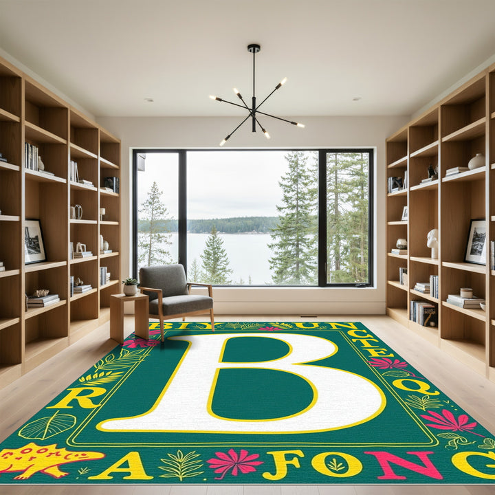 Bold Turquoise Botanical Letter B Rug