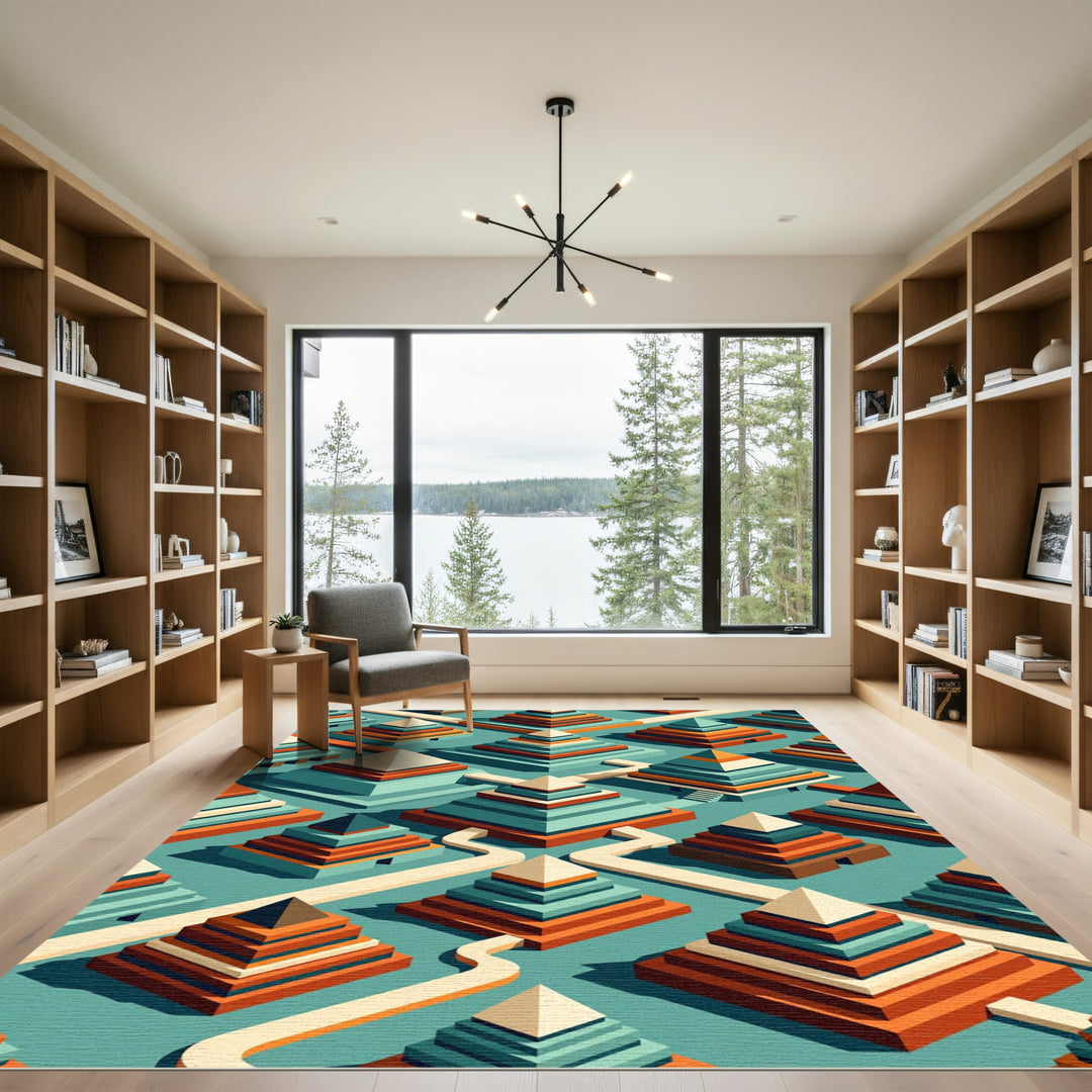 Terracotta Teal Tiered Pyramid Landscape Rug