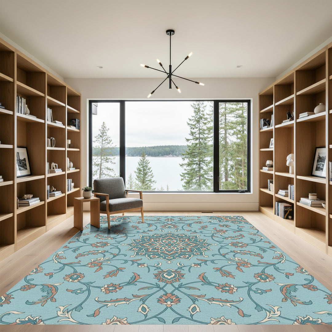 Teal Coral Floral Medallion Vines Rug