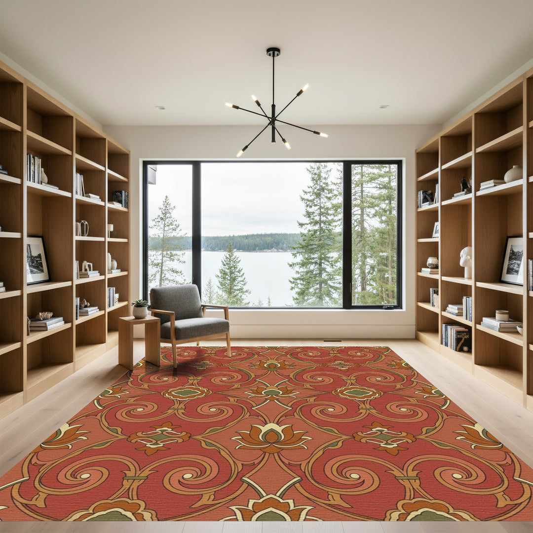 Terracotta Lotus Swirl Intricate Floral Rug