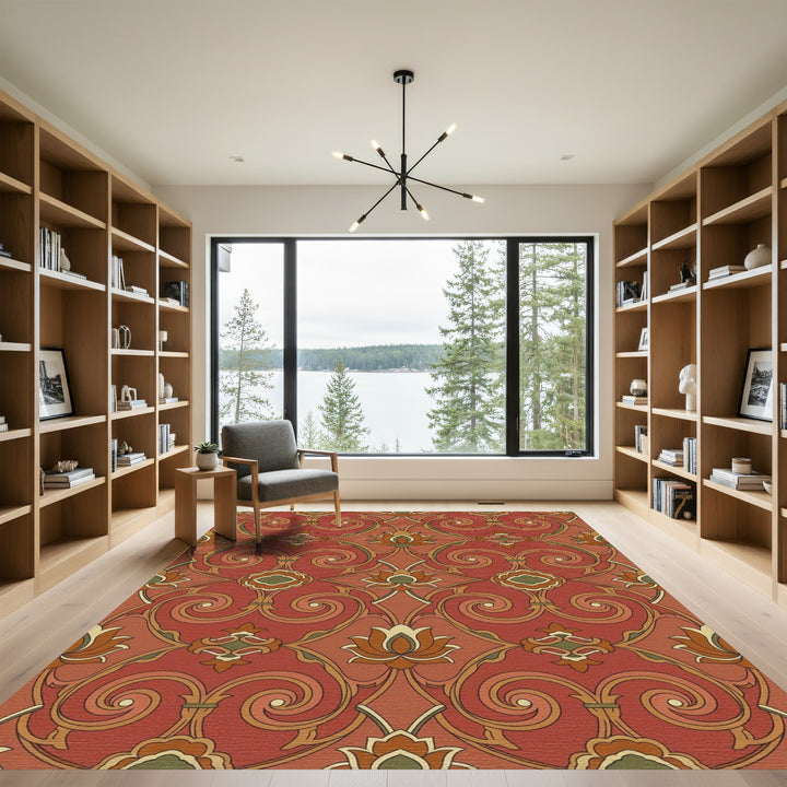 Terracotta Lotus Swirl Intricate Floral Rug