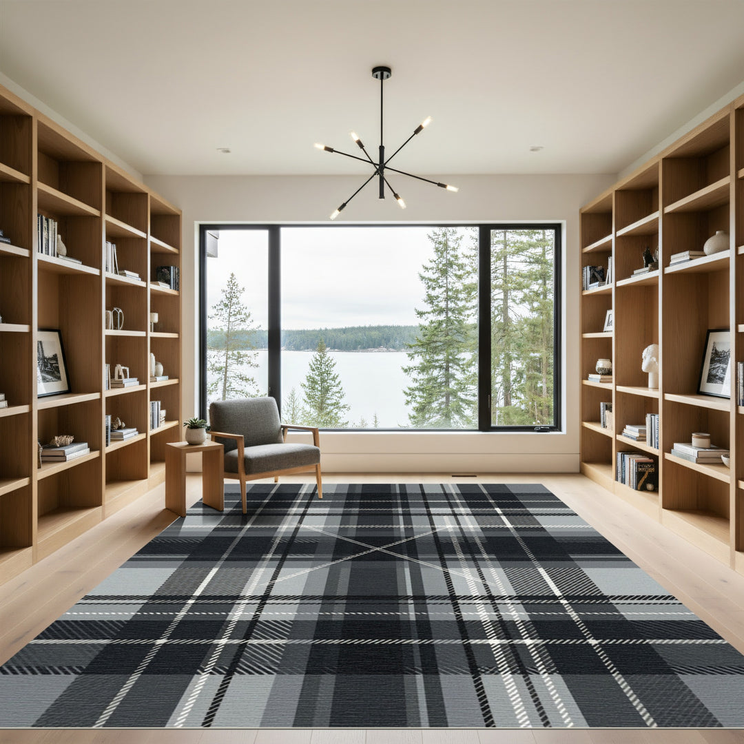 Classic Black Gray Interlocking Plaid Rug