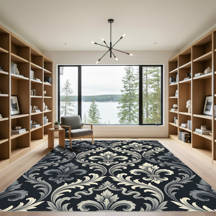 Classic Black Fleur de Lis Scroll Rug