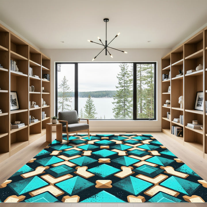 Bold Teal Geometric Diamond Rug