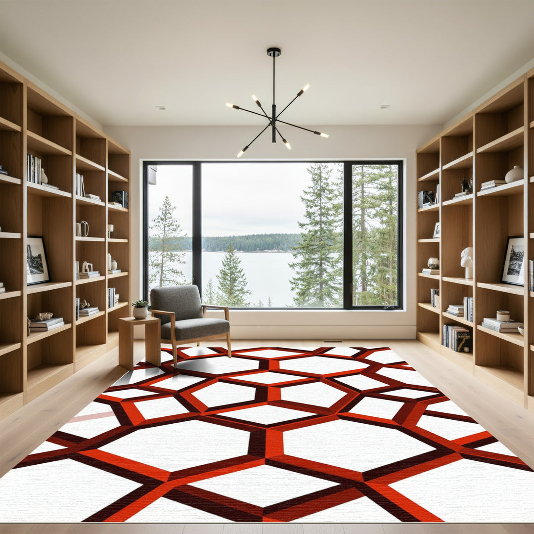 Crimson Geodesic Grid Tessellation Rug