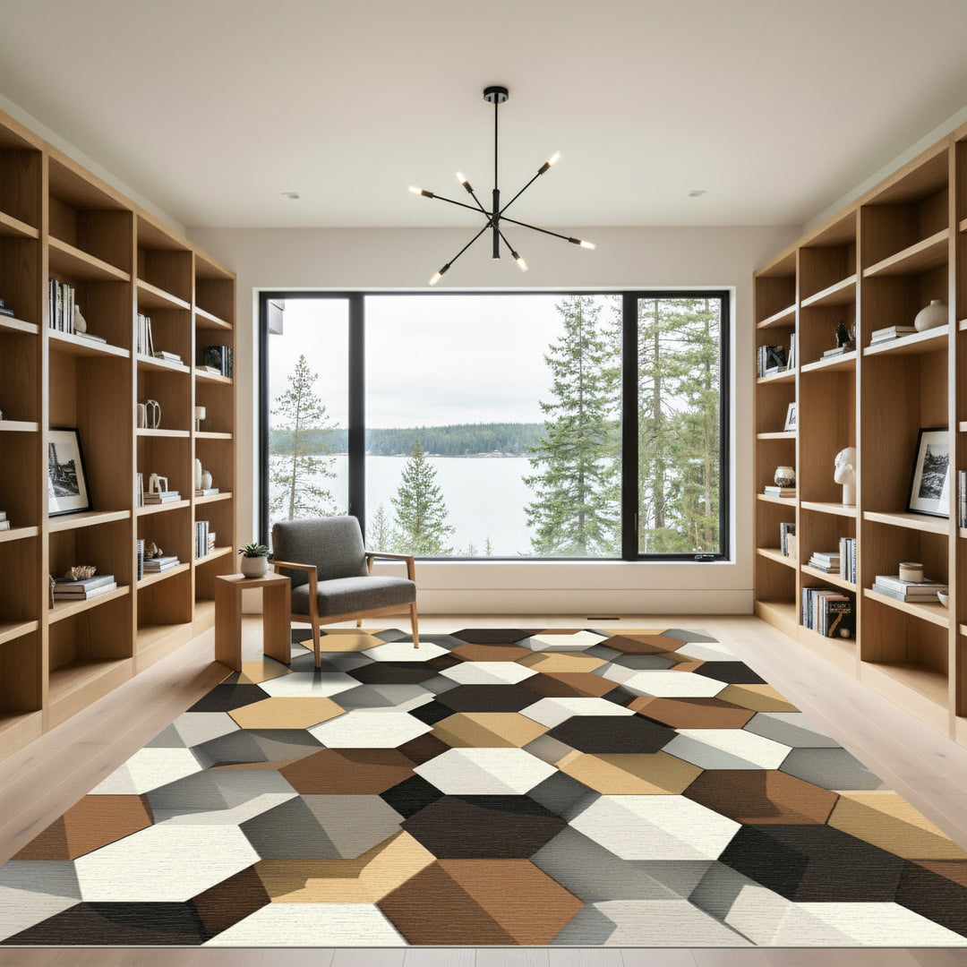 Brown Cream Gray Hexagon Tessellation Rug